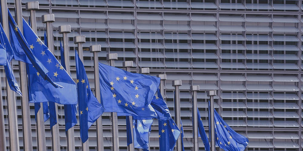 Varias bandeiras da uniao europeia em posts e tremulando