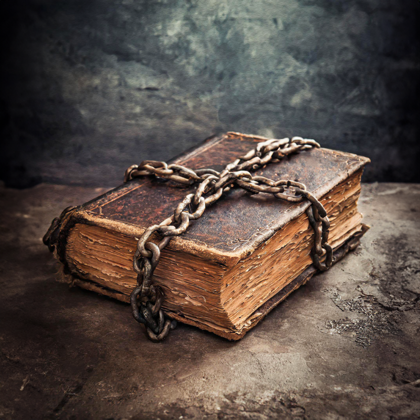 book, chains, ancient, knowledge, locked, secrets, wisdom, forbidden, old, tome, leather, history, binding, closed, magical, manuscript, treasure, censorship, banned, blocked