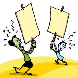 strike, picketing, demonstration, protest, signs, demands, cartoon, angry