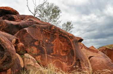 a large rock with a tree on top of it